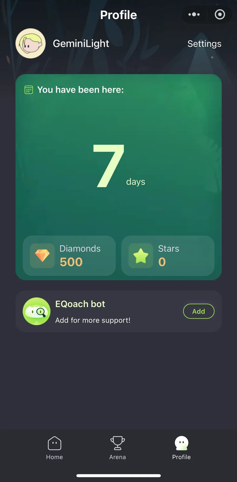 EQoach learner profile screen