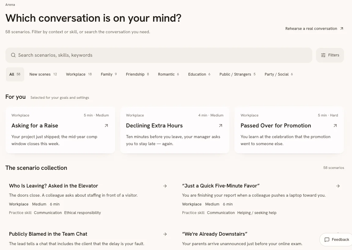 The current SocialCoach scenario collection with search and context filters