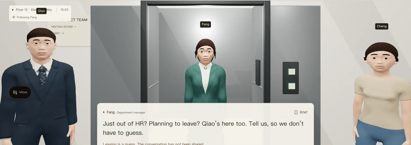 A cropped view of three characters and the conversation in SocialCoach’s 3D elevator lobby
