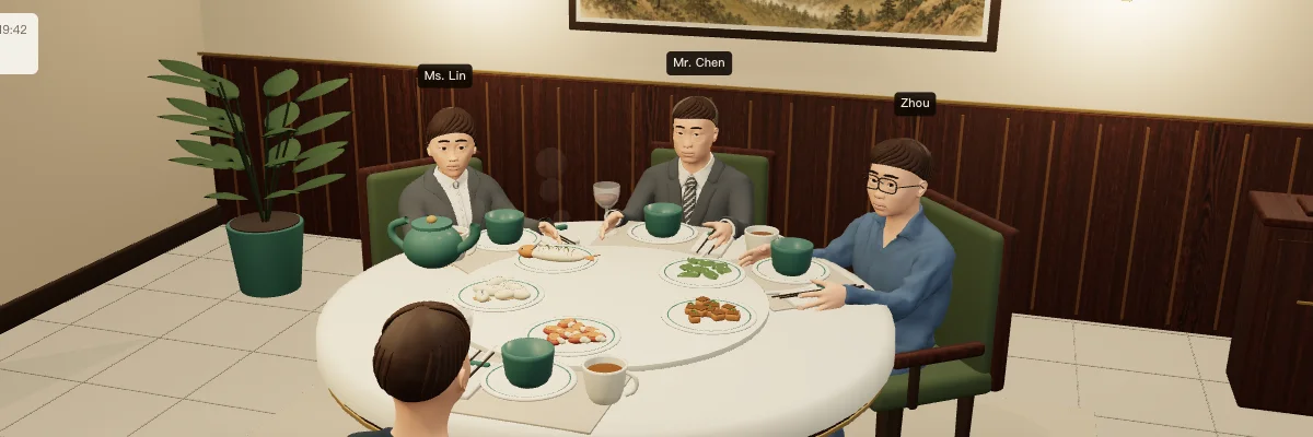 A SocialCoach 3D work dinner with three characters waiting for your response