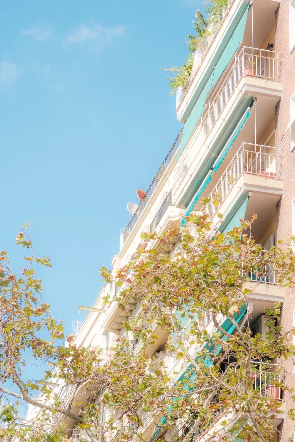 Balconies, turquoise awnings and sunlit leaves