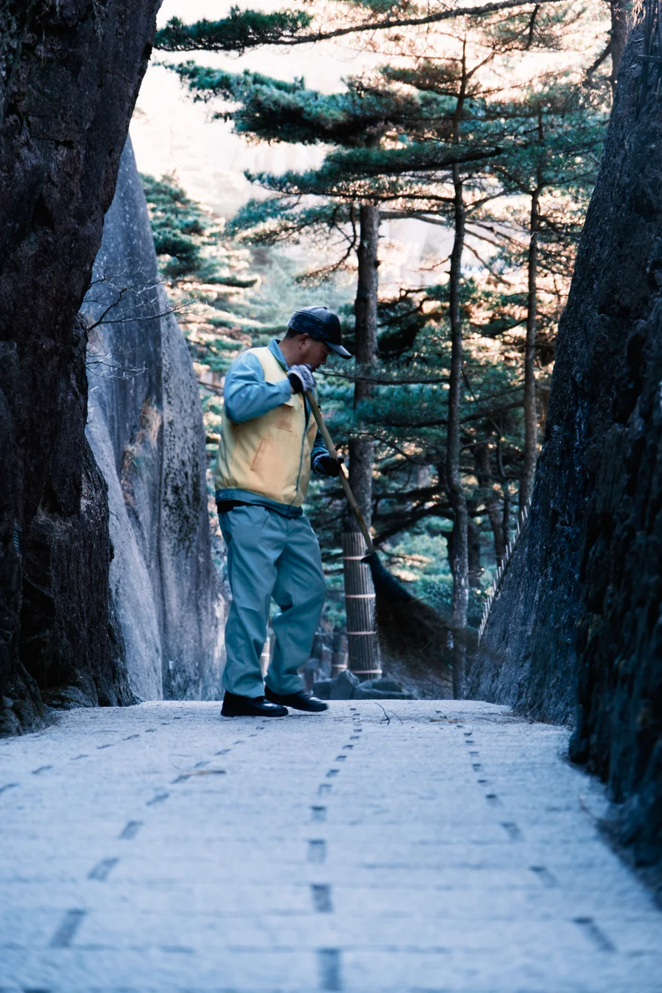 Person sweeping a snowy path between rocks and pines