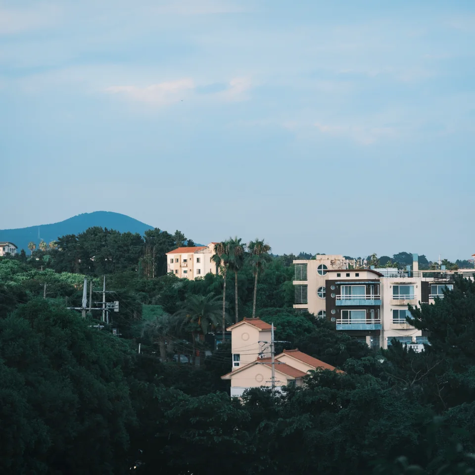 Buildings and trees beneath a blue sky