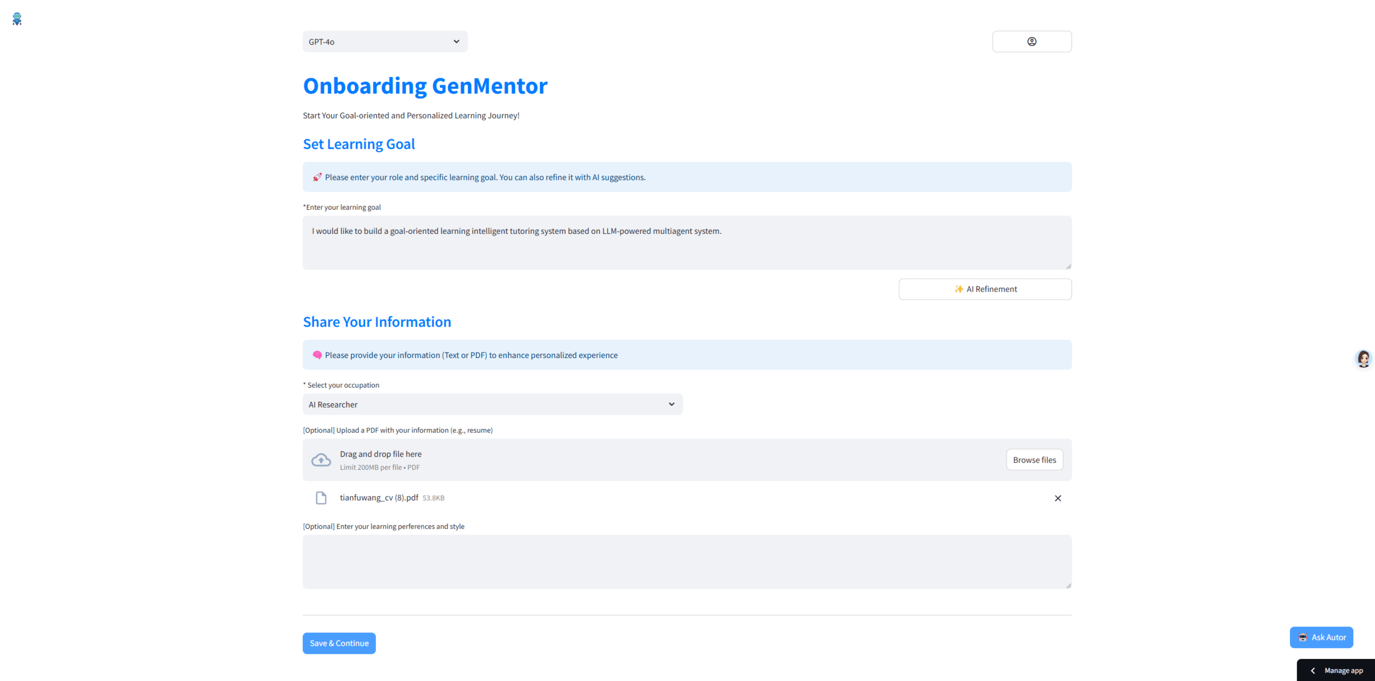 GenMentor screen: goal and profile initialization
