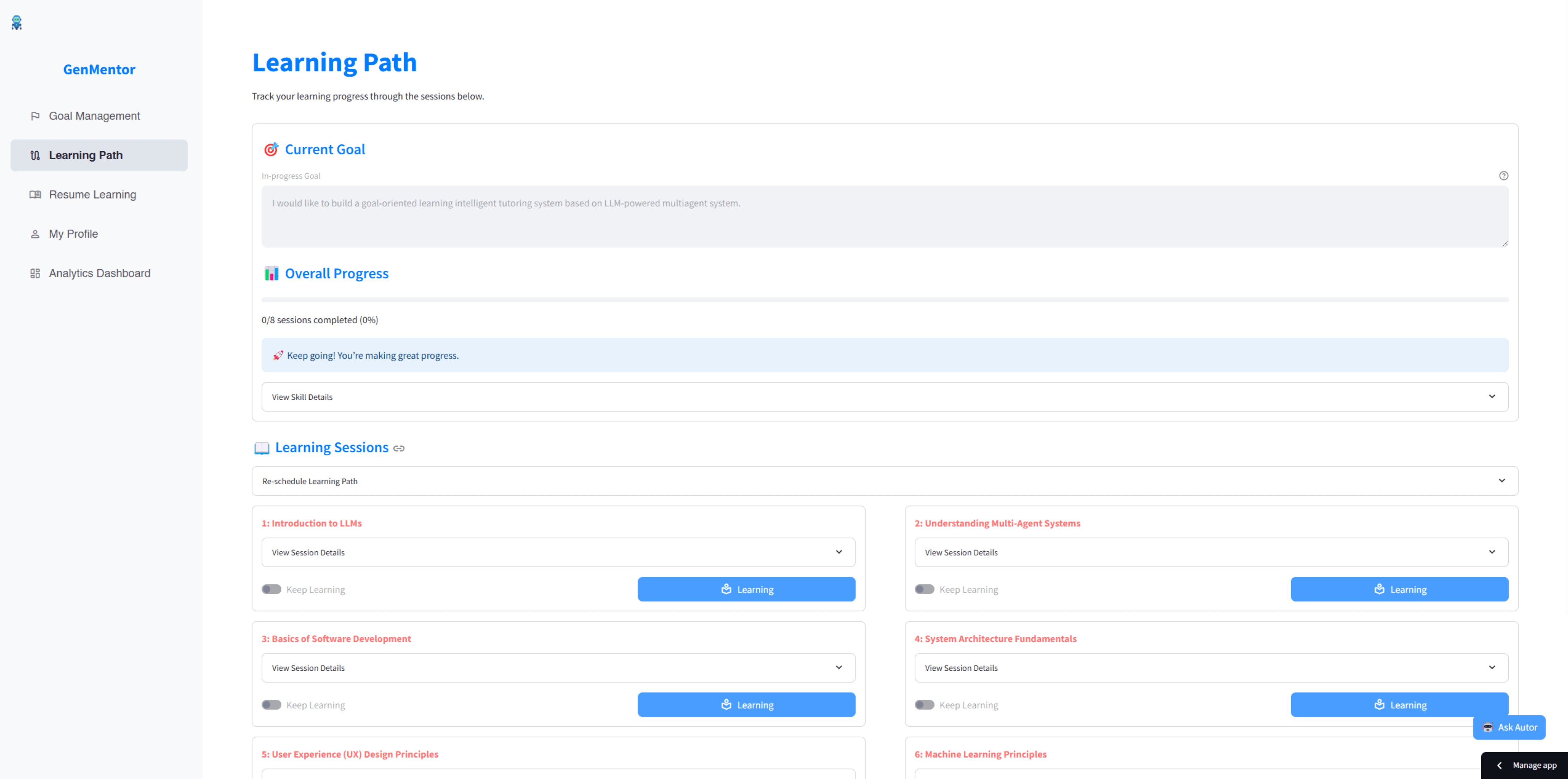 GenMentor screen: learning path scheduling