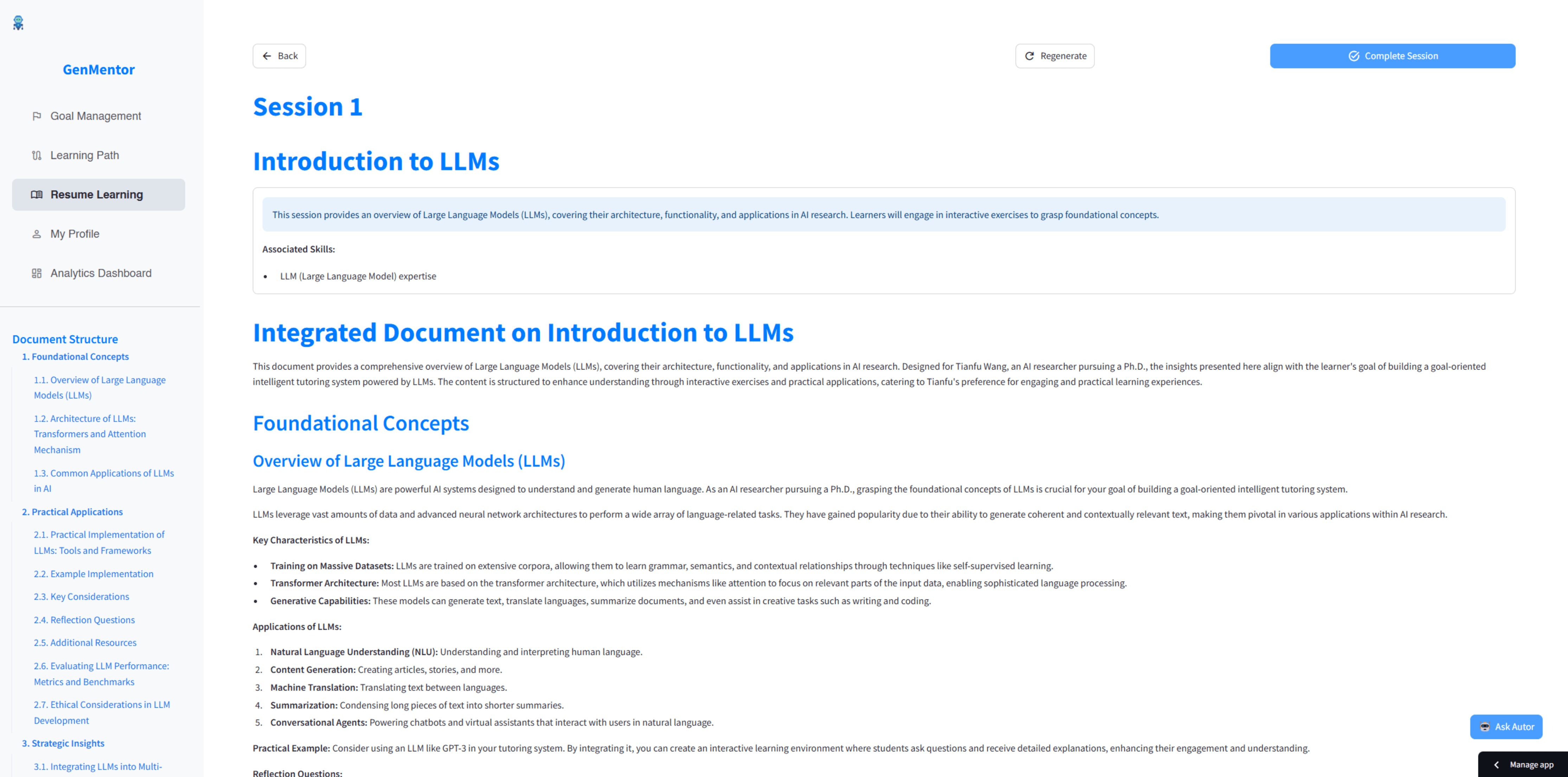GenMentor screen: learning content creation